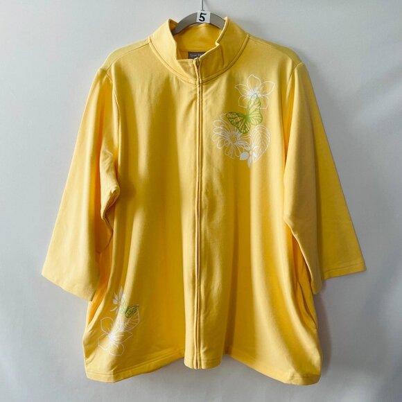 Sport Savvy Womens Yellow Floral French Terry Stand Collar Full Zip Jacket Sz 2X - Picture 1 of 7